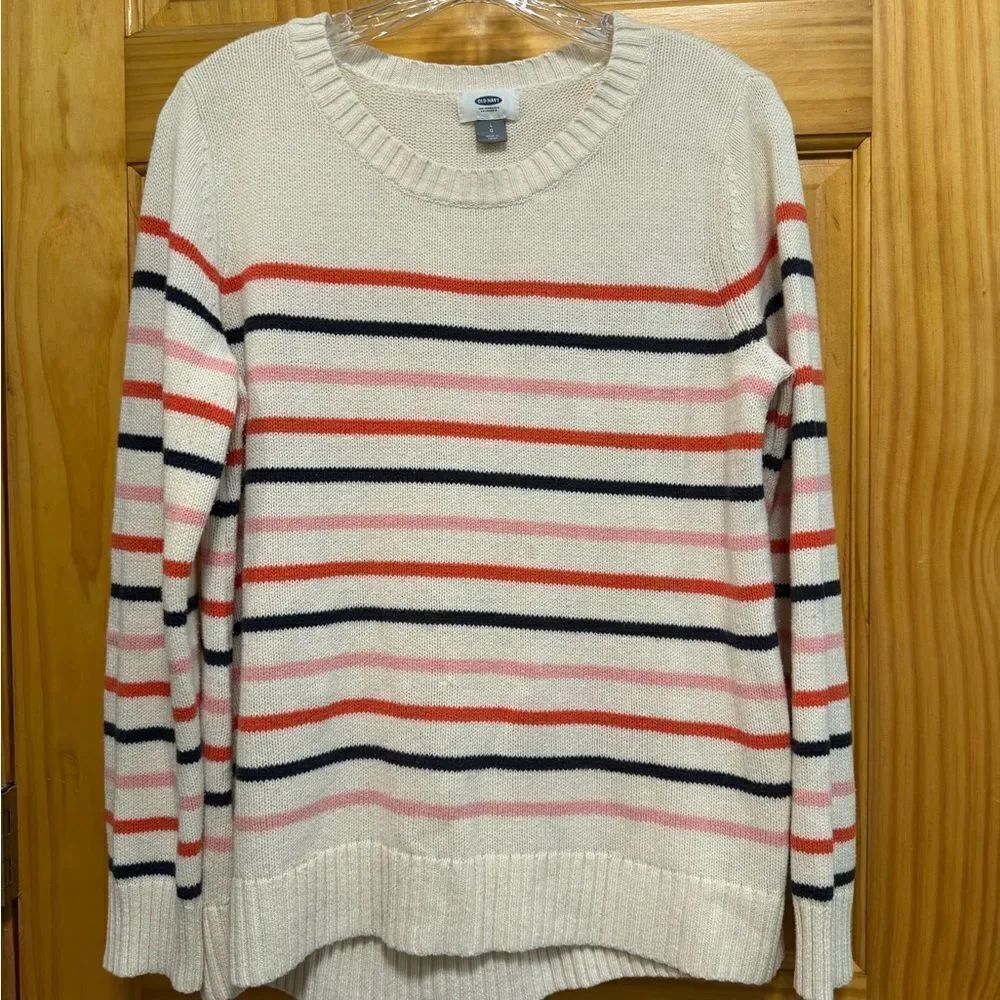 Old Navy size L Orange, Black, Bubblegum Striped Cream Sweater